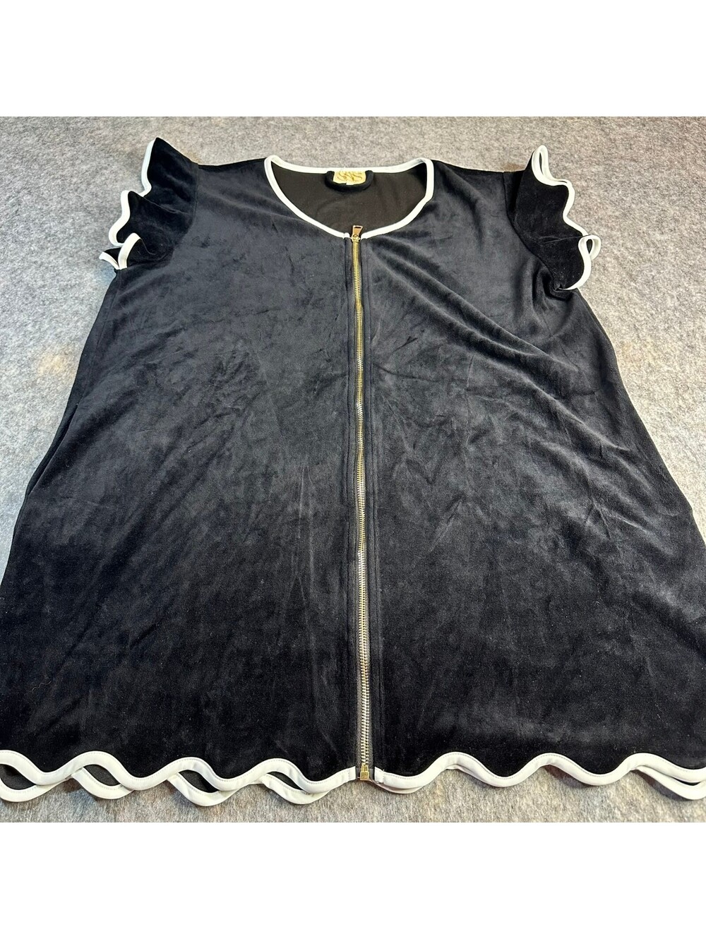 SSS The Label Black Velour Full Zip Scalloped Ruffle Cover Up Dress XL